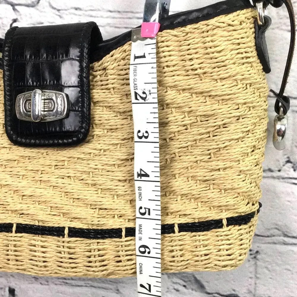 Brighton Cottagecore Cream Woven Straw Black Leather Braided Handle Baguette